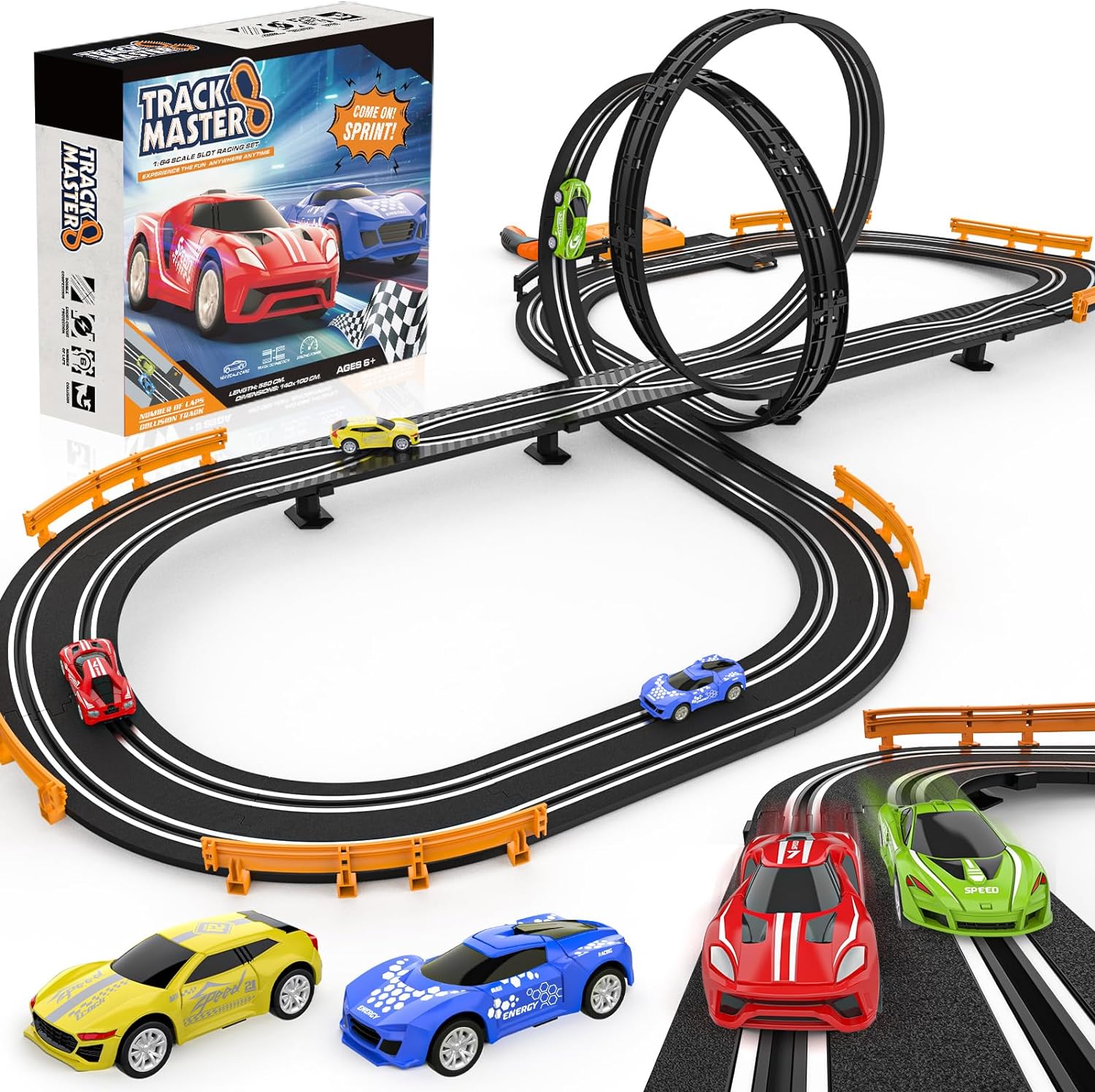 Slot-Car-Race-Track-Sets for Boys Kids, Battery or Electric Race Car Track with 4 High-Speed Slot Cars, Dual Racing Game 2 Hand Controllers Circular Overpass Track, Toys Gifts for 6-8 8-12 Boys Girls 24hrsmart